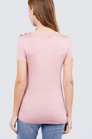Short Sleeve Crew Neck W/shoulder Button Detail Rayon Spandex Top