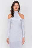 White Velvet Halter Crushed Cold Shoulder Turtleneck Long Sleeve Back Slit Midi Dress