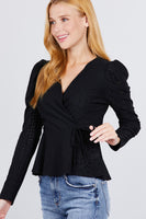 Surplice W/ribbon Tie Peplum Top
