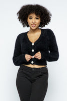 Eyelash Knit Cropped Cardigan With Pearl Button Details