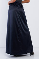Solid Navy Blue Satin High Waist Flowing Maxi Skirt