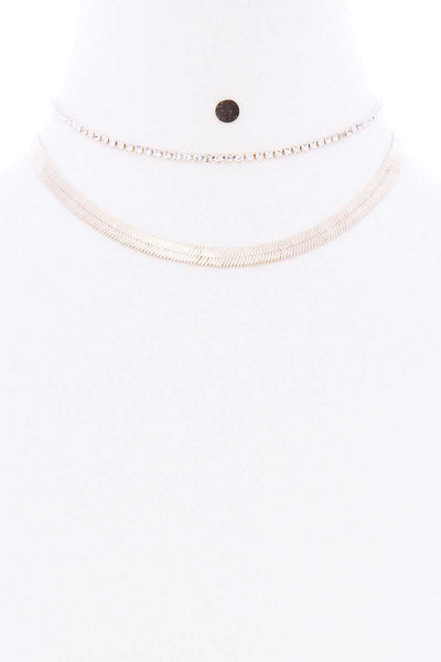 Herringbone Rhinestone Chain 2 Layered Necklace Earring Set