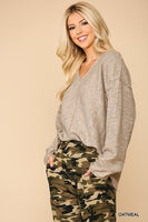 V-neck Solid Soft Sweater Top With Cut Edge