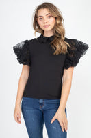 Solid Lace Puff Sleeves Top
