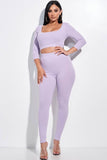 Solid Pointelle Stitch 3/4 Sleeve Scoop Neck Cropped Top And Leggings Two