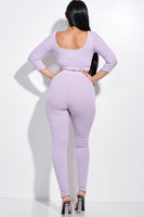Solid Pointelle Stitch 3/4 Sleeve Scoop Neck Cropped Top And Leggings Two