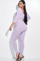 Solid Pointelle Stitch 3/4 Sleeve Scoop Neck Cropped Top And Leggings Two
