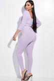 Solid Pointelle Stitch 3/4 Sleeve Scoop Neck Cropped Top And Leggings Two