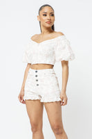 Cotton Off-shoulder Puff Sleeve Crop Top With Front Zipped Matching Shorts Set