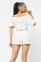 Cotton Off-shoulder Puff Sleeve Crop Top With Front Zipped Matching Shorts Set
