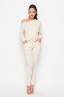 Off Shoulder Waist Tie Long Sleeve Jumpsuit