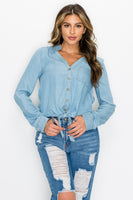 Long Sleeves Waist-tie Denim Top