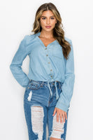 Long Sleeves Waist-tie Denim Top