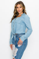 Long Sleeves Waist-tie Denim Top