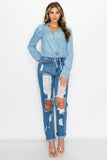 Long Sleeves Waist-tie Denim Top