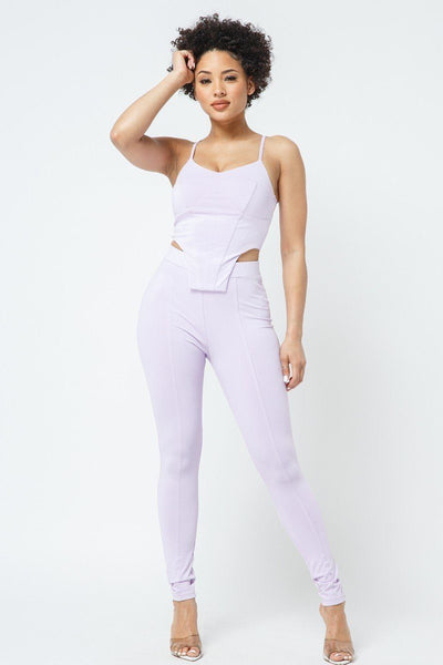Strappy Bustier Stitch Details With Back Zipped High-waist Skinny Pants With Waist Elastic
