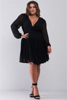 Plus Wrap Deep V-neck Long Puff Sleeve With Elasticated Cuff Pleated Mini Dress
