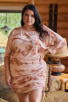 Plus Rust Tie-dye Round Neck 3/4 Sleeve Ruched Side Mini Dress