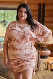 Plus Rust Tie-dye Round Neck 3/4 Sleeve Ruched Side Mini Dress