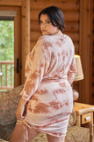 Plus Rust Tie-dye Round Neck 3/4 Sleeve Ruched Side Mini Dress