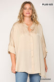 Washed Satin Button Down Loose Fit Top With Hi-lo Hem