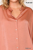 Washed Satin Button Down Loose Fit Top With Hi-lo Hem