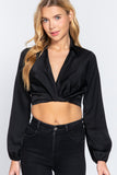 Long Sleeve Notched Collar Front Twisted Detail Crop Woven Top
