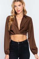 Long Sleeve Notched Collar Front Twisted Detail Crop Woven Top