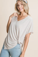 Solid V Neck Casual And Basic Top With Short Dolman Sleeves And Side Slit Hem