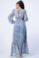 Printed V Neck Self Belted Side Cut Out Ruffled Maxi Dress