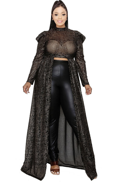 Puff Sleeve Foil Printed See-through Maxi Dress
