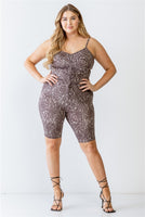 Plus Mocha Leopard Print Elasticized Sleeveless Ruched Top & High Waist Shorts Set