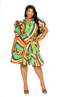 Printed ruffle sleeve shirt dress with belt
