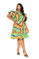 Printed ruffle sleeve shirt dress with belt