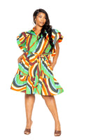 Printed ruffle sleeve shirt dress with belt