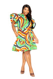Printed ruffle sleeve shirt dress with belt