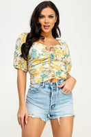 Floral Print Lace Up Ruched Crop Top