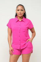 Button Down Pocket Loose Fit Top And Shorts Set