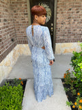 Printed V Neck Self Belted Side Cut Out Ruffled Maxi Dress