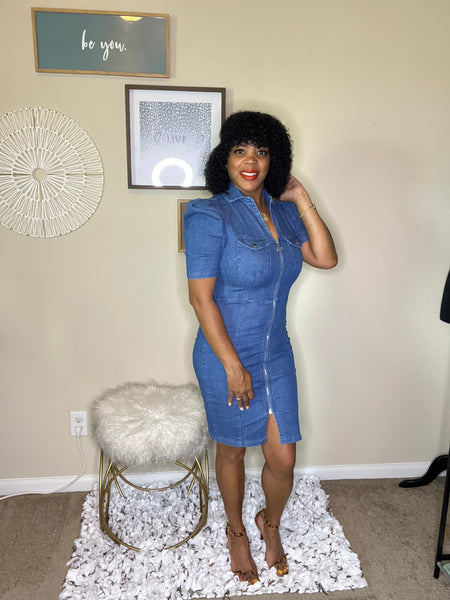 Puff Sleeve Bodycon Denim Dress