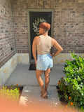 Acid Wash Belted Paperbag Denim Shorts