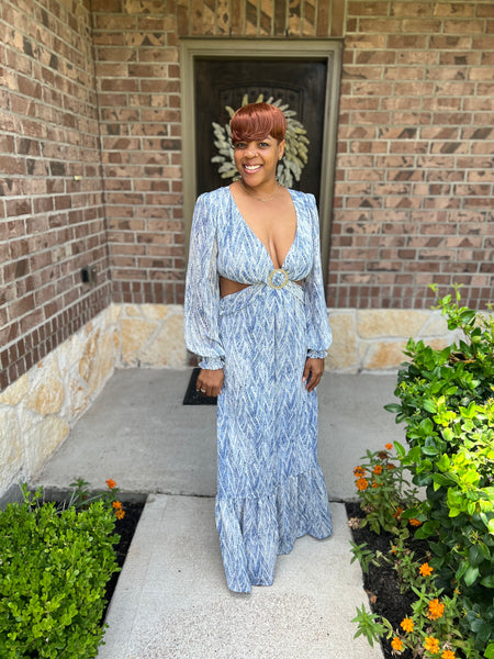 Printed V Neck Self Belted Side Cut Out Ruffled Maxi Dress