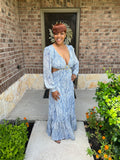 Printed V Neck Self Belted Side Cut Out Ruffled Maxi Dress